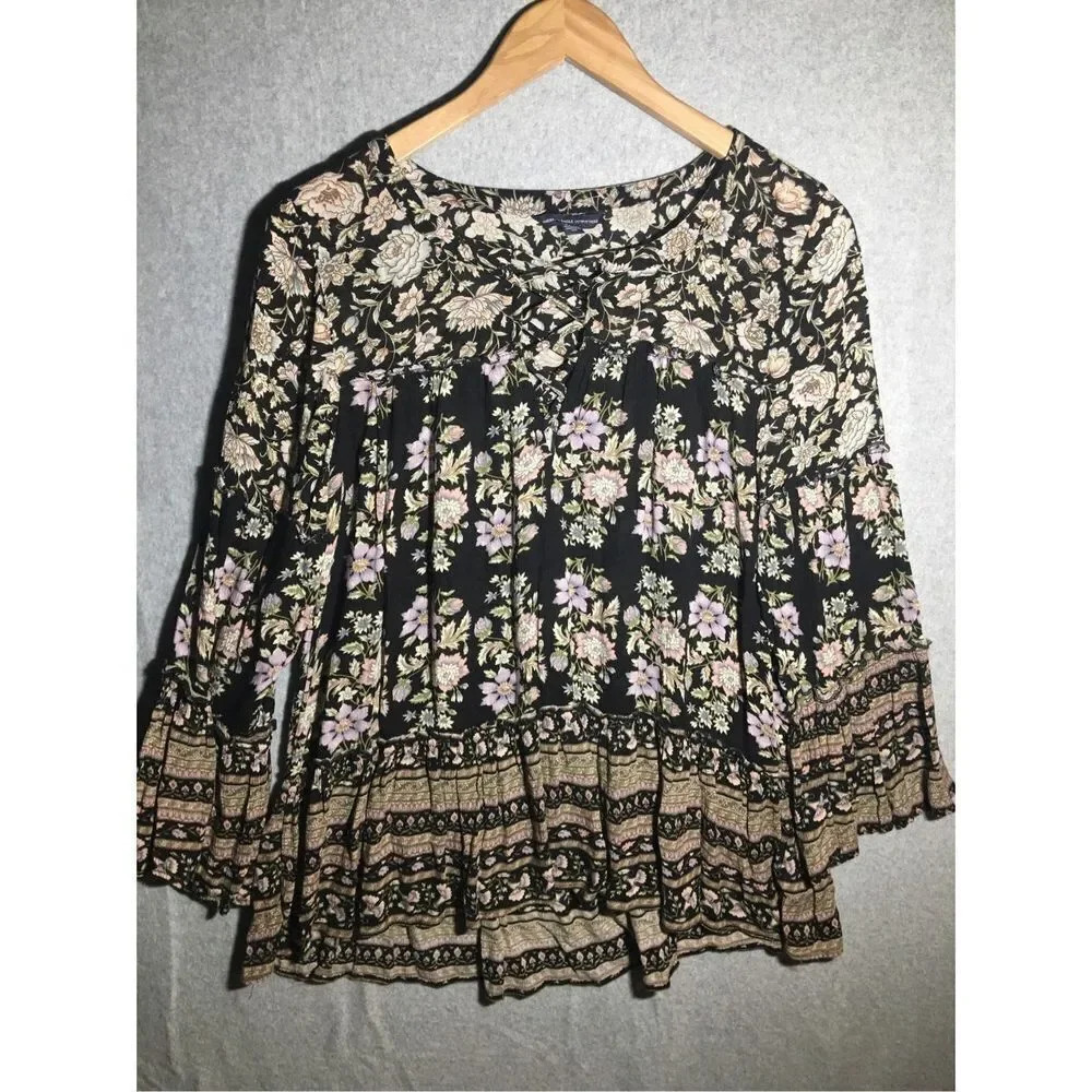 Womens American Eagle Blouse Floral Black Muted Casual Feminine Boho Bell Sleeve